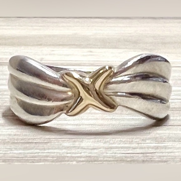 Vintage Designer Hallmarked Sterling Silver &18K Gold Fluted "X" Ring, 5.5g - Picture 2 of 10
